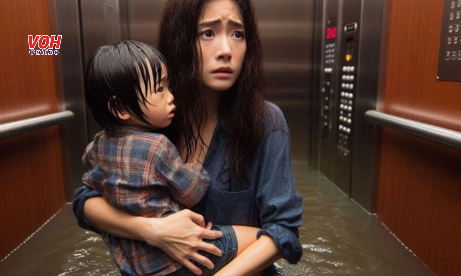 Hai mẹ con suýt chết đuối trong thang máy vì mưa lũ quá lớn