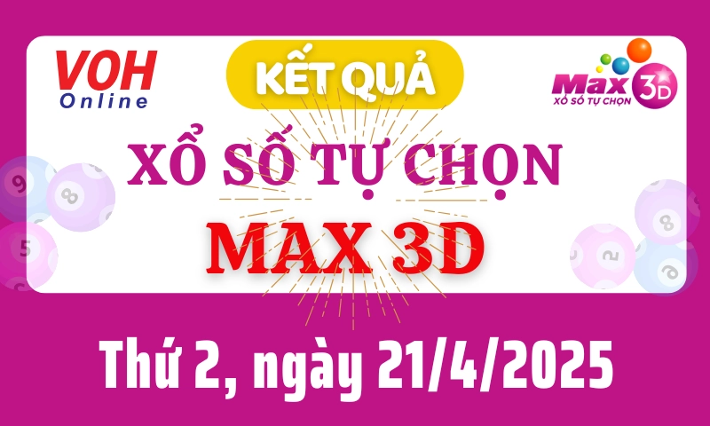 Vietlott MAX 3D 21/4 - Kết quả xổ số Vietlott hôm nay thứ 2 21/4/2025