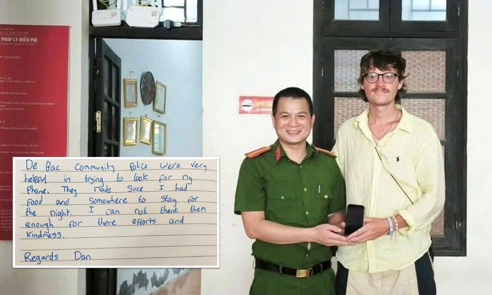 Du khách Anh anh cảm kích vì được công an xã nhiệt tình giúp đỡ sau khi mất điện thoại