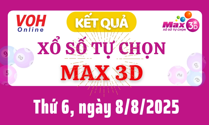Vietlott MAX 3D 8/8 - Kết quả xổ số Vietlott hôm nay thứ 6 8/8/2025