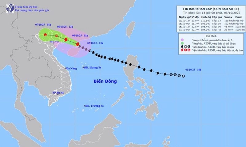 15g chiều 5/10: Bão số 11 giật cấp 16, cách Móng Cái khoảng 250km