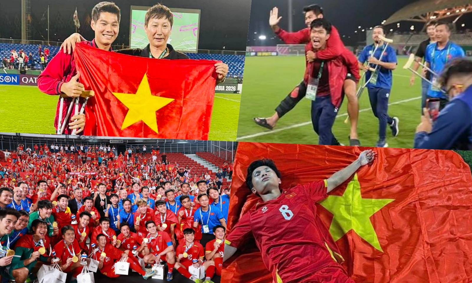 Thầy Kim dìu trò cưng U23 chống nạng, đồng đội cõng ăn mừng huy chương đồng