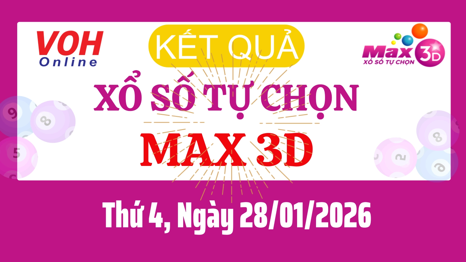 Vietlott MAX 3D 28/01 - Kết quả xổ số Vietlott hôm nay Thứ 4 28/01/2026