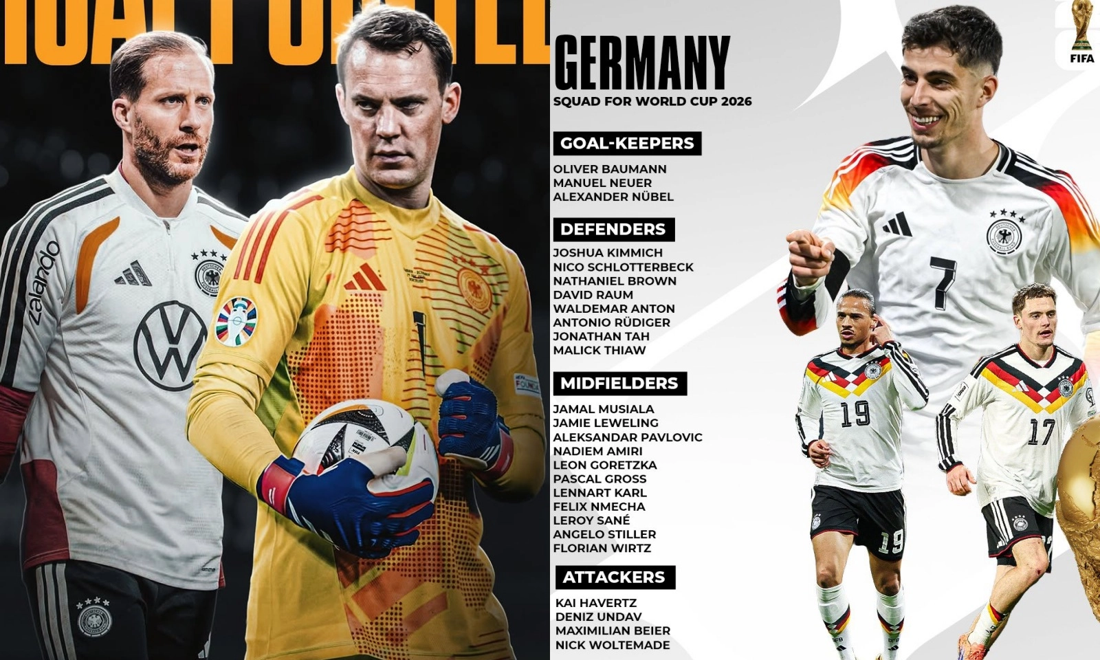 CHÍNH THỨC! Danh sách tuyển Đức dự VCK World Cup 2026: Neuer gây nội chiến 