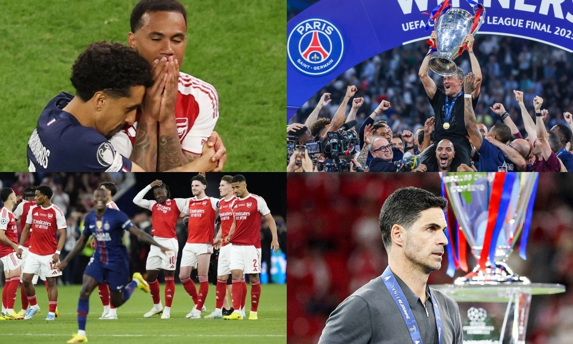 Chùm ảnh Arsenal nhìn PSG đăng quang Champions League: Raya khóc tức tưởi | Đối thủ ôm Magalhaes