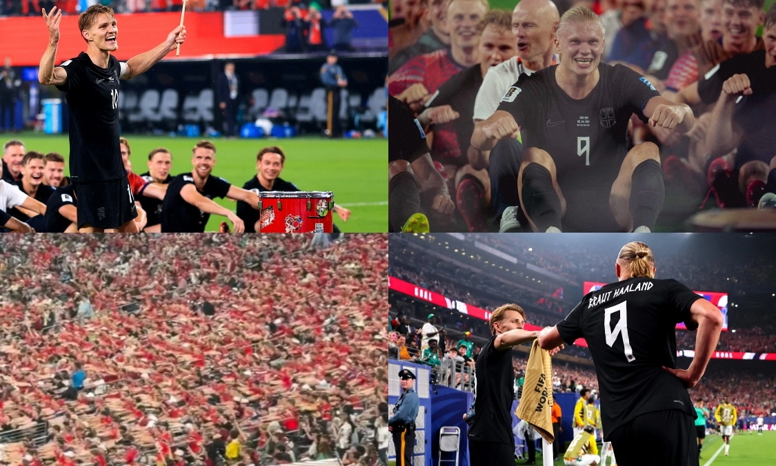 Odegaard đánh trống chỉ huy, Haaland cùng hàng nghìn fan Na Uy ăn mừng kiểu Viking hùng mạnh